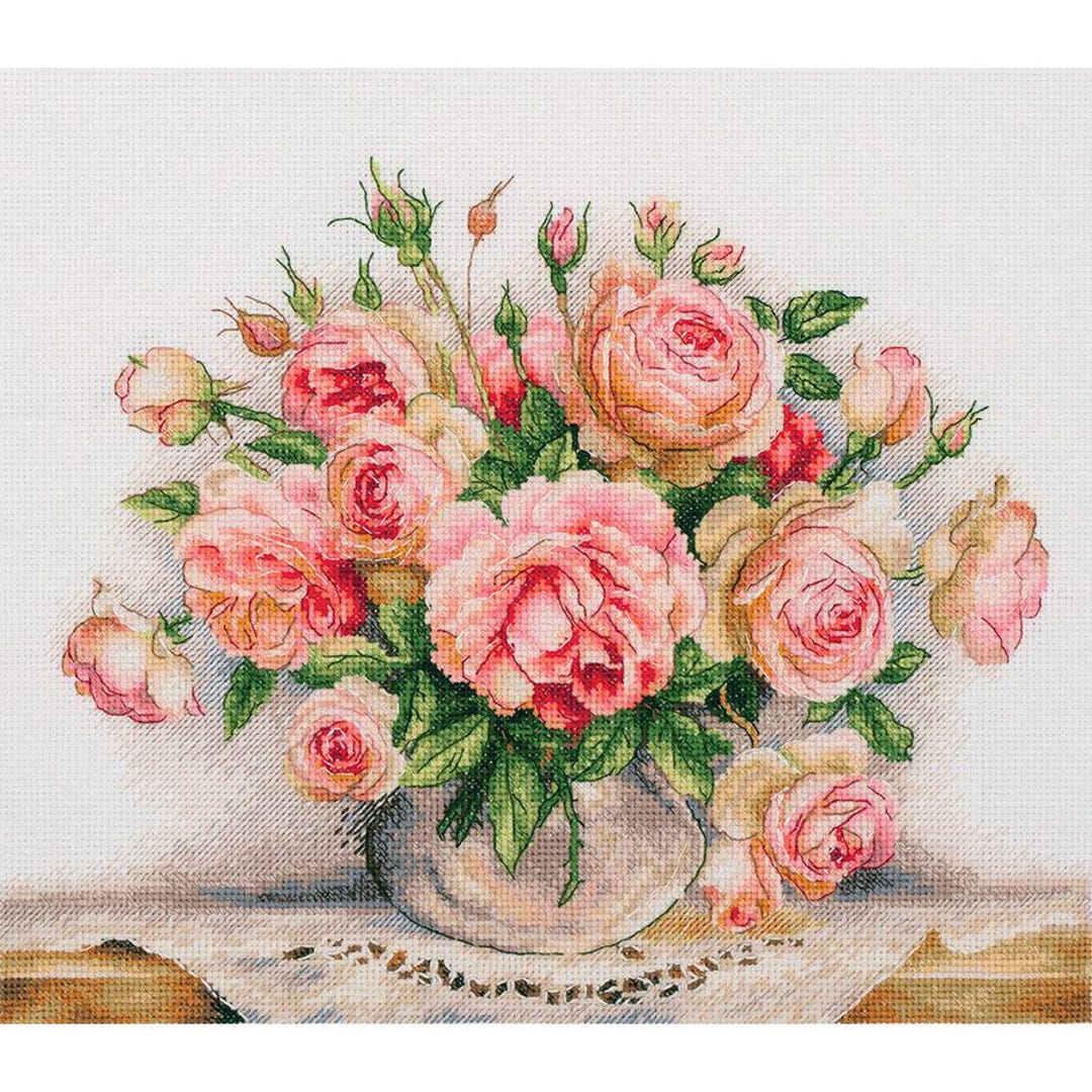 Pink ROSES in a POT Flowers Cross Stitch Pattern DMC Colors Legend Pdf ...