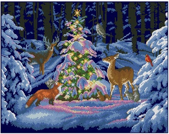 CHRISTMAS NIGHT wild animals in woods with Christmas tree cross stitch pattern DMC colors