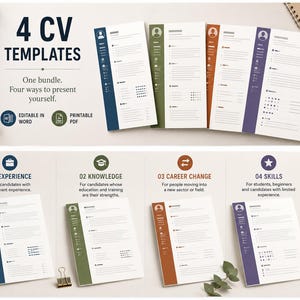 CV Template Bundle | 4 Resume Templates | Editable Word CV | Experience, Skills, Knowledge & Career Change
