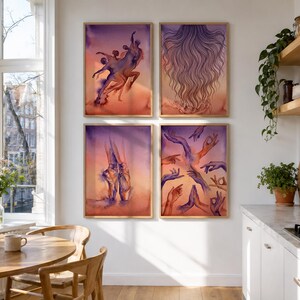 May include: A set of four framed wall art prints featuring watercolor-style illustrations in shades of purple, orange, and pink. The prints depict dancing figures, flowing hair, ballet pointe shoes, and various hand gestures in a gallery arrangement.