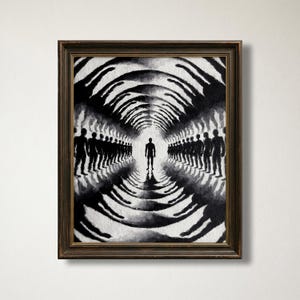 May include: A framed black and white painting featuring a central silhouette of a person standing in a tunnel-like space. Rows of identical dark human figures line both sides of the path, creating a symmetrical perspective leading toward a bright light.