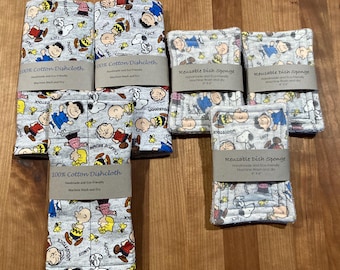Handmade Peanuts Quilted Cotton Dishcloths or 2 Reusable Sponges