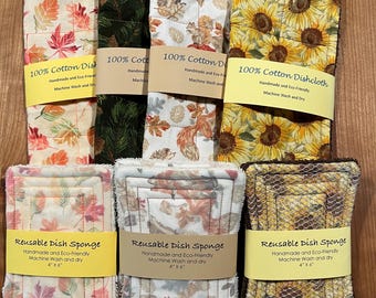 Handmade Quilted Cotton Dishcloths or 2 Reusable Sponges Fall Themed Winter Themed