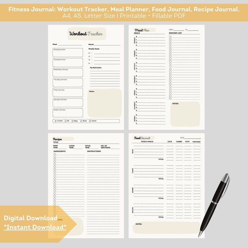 Fitness Journal Recipe Book Meal Planner Exercise Log Book Weekly Meal ...