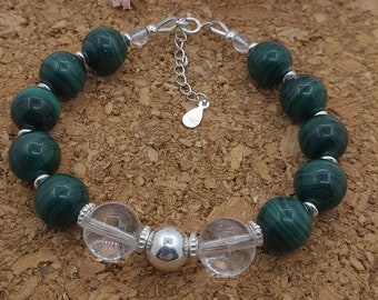 Bracelet pour Elle avec Malachite, Quartz Hyalin (Cristal de Roche) et Argent 925