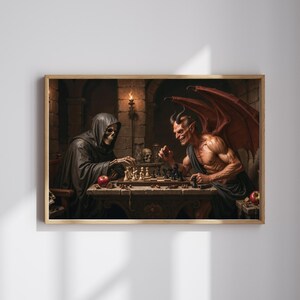 May include: A framed print depicts a chess match between the Grim Reaper and a devil-like figure. The Reaper, in a black hooded robe, faces the red-winged demon across a chessboard. The scene is set in a dimly lit, stone-walled room with a candle.
