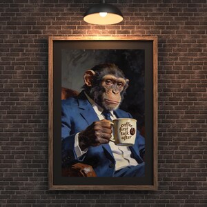 Affiche drôle de café de singe, art mural d'humour de bureau, impression de décoration de cuisine