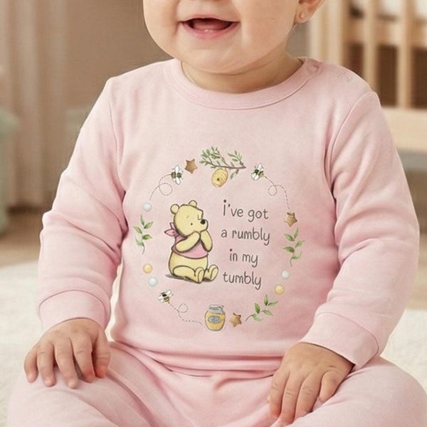Classic Bear Romper: Pink Cotton Baby Outfit, "Rumbly in my Tumbly" Quote