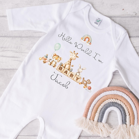 Personalised Hello World Baby Grow, Unisex Sleep Suit, Baby