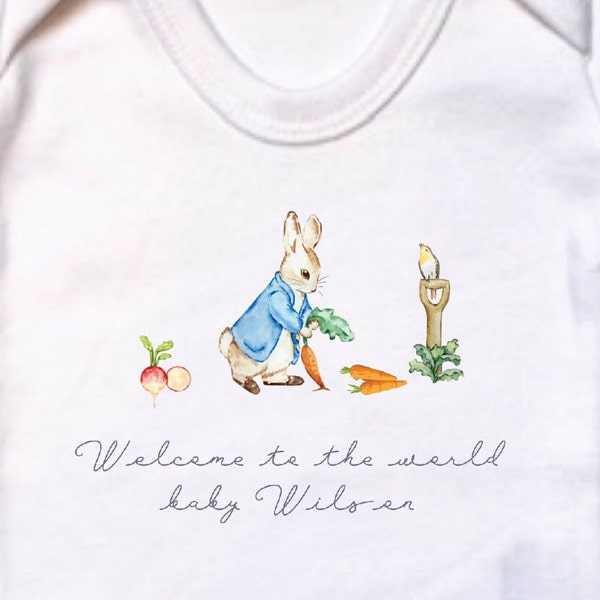 Personalised Peter Rabbit baby outfit, baby shower gift, pregnancy announce, babyname babygro, coming home outfit, welcome to the world vest