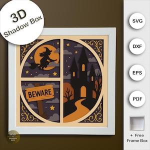 Halloween Shadow Box SVG, Witch SVG for Cricut Paper Craft, Spooky Season SVG, Silhouette Halloween Decor House, 3D Castle Light Box Gift