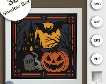 3D Halloween Shadow Box SVG, Haunted House Pumpkin Layered Paper Cut Template for Cricut and Silhouette, Spooky Season Papercraft Decor