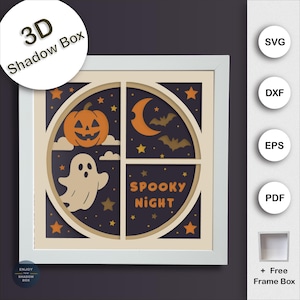 Halloween Shadow Box SVG, Spooky Season Cricut Layered Paper Cut, Ghost Pumpkin Night Scene, Multi Layer Shadowbox Template, 3D Paper Craft