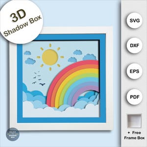 3D Rainbow Shadow Box SVG for Cricut and Silhouette, Cute Layered Paper Cut Template, Colorful Cloud Scene Multilayer SVG Design