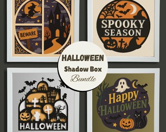 Pacchetto SVG per scatola d'ombra 3D di Halloween, modelli di carta a strati per Cricut e Silhouette, decorazioni spettrali per casa stregata con zucche