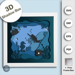 3D Shadow Box, ocean svg, Paper Crafts, Multilayer SVG, Card Box Model, SVG Cardstock Template, layered paper art, diver svg, Light Box