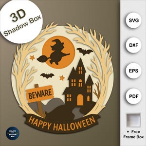 Halloween Shadow Box SVG Wreath, Witch Castle Multi Layer SVG for Cricut Paper Craft, Spooky Season, 3D Layered SVG Light Box Decor Template
