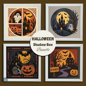 May include: A Halloween shadow box bundle featuring four framed art pieces. Each piece has a spooky theme with pumpkins, bats, ghosts, and haunted houses. The text "Halloween Shadow Box Bundle" is in the center.