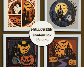 Pacchetto SVG per scatola a effetto ombra di Halloween, modelli di carta 3D a strati per Cricut e Silhouette, decorazione spettrale in carta a tema zucca per casa stregata