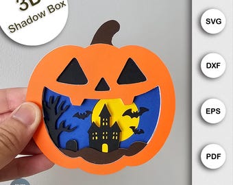 Halloween Ornament Shadow Box SVG, 3D Pumpkin Layered Paper Cut Template for Cricut and Silhouette, Haunted House Spooky Season Craft Decor