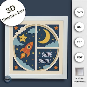 3D Space Shadow Box SVG, Layered Moon Star Cloud Spaceship Lightbox, Galaxy Night Sky SVG for Cricut Silhouette, Multilayer SVG for Cricut