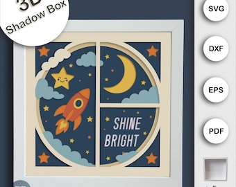 3D Space Shadow Box SVG, Layered Moon Star Cloud Spaceship Lightbox, Galaxy Night Sky SVG for Cricut Silhouette, Multilayer SVG for Cricut