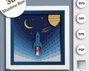 3D Rocket Launch Shadow Box SVG for Cricut and Silhouette, Layered Paper Cut Space Scene, Galaxy Night Sky Multilayer SVG Template