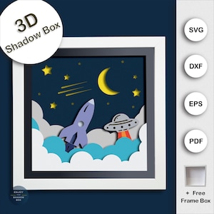 3D Space Shadow Box SVG for Cricut and Silhouette, Multilayer Paper Crafts SVG, 8x8 Cardstock Template, Rocket Layered Paper Art