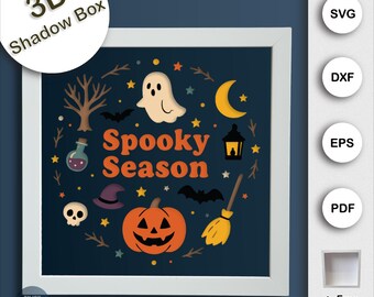 Halloween Shadow Box SVG, Spooky Season Papercut Light Box Template, Ghost Pumpkin Cut File for Cricut, DIY Halloween Art Decor Silhouette