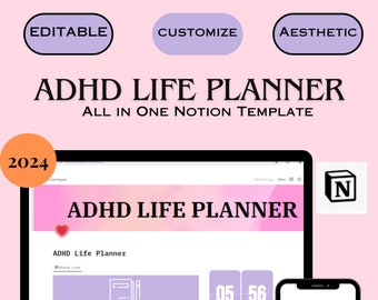 May include: A laptop computer screen displaying a Notion page titled "ADHD Life Planner" with a pink background and a white heart icon. The page includes a calendar, a to-do list, and a section for notes. The laptop is on a pink surface. The text "2024" is in a pink circle in the upper left corner of the image. The text "compatible with any Device Instant download" is at the bottom of the image.