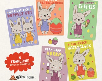 5 Osterhasenkarten für Kinder im Set / DIN A6 / Gutscheinkarte / Grußkarten zu Ostern / Ostergruß / Glückwunsch / Karten / Ostereier