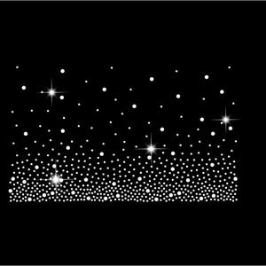 Puede incluir: Un fondo negro con un patrón de puntos blancos de varios tamaños, que recuerda a un cielo estrellado o a una lluvia de purpurina. Varios destellos brillantes de estrellas están dispersos por el diseño.