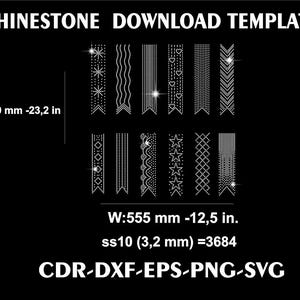 Pu&ograve; includere: Sfondo nero con il testo "RHINESTONE DOWNLOAD TEMPLATE". L'immagine mostra vari disegni di strass, tra cui stelle, cuori e motivi geometrici. Dimensioni: 590 mm di altezza e 555 mm di larghezza. Formati file: CDR, DXF, EPS, PNG e SVG.