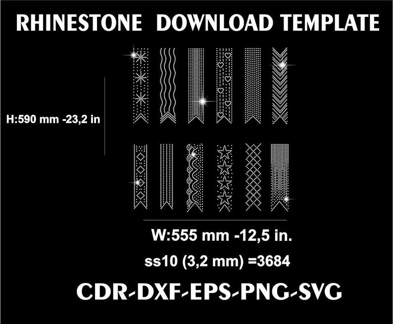 Pu&ograve; includere: Sfondo nero con il testo "RHINESTONE DOWNLOAD TEMPLATE". L'immagine mostra vari disegni di strass, tra cui stelle, cuori e motivi geometrici. Dimensioni: 590 mm di altezza e 555 mm di larghezza. Formati file: CDR, DXF, EPS, PNG e SVG.