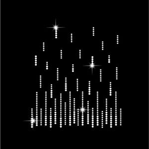 Op de afbeelding: Een zwarte achtergrond met een patroon van witte stippen en sterren. De stippen zijn gerangschikt in verticale lijnen van verschillende lengtes, waardoor een visueel effect ontstaat. Verschillende sterren voegen een sprankelend element toe aan het ontwerp.