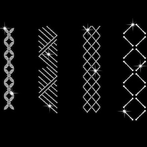 May include: Four different designs of rhinestone trim, each with a different pattern. The trims are all white and are arranged vertically on a black background.