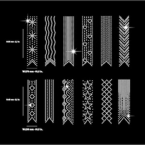 Puede incluir: Una colección de diseños de pedrería sobre un fondo negro. Los diseños incluyen estrellas, corazones, chevrones y patrones geométricos. La altura es de 56 mm, y el ancho es de 270 mm.