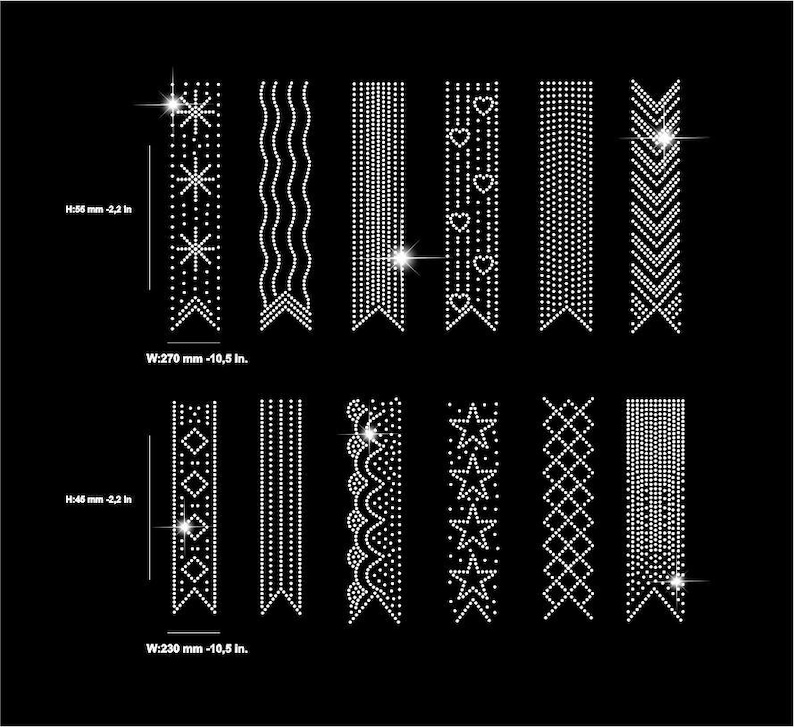 Pu&ograve; includere: Una collezione di disegni di strass su sfondo nero. I disegni includono stelle, cuori, chevron e motivi geometrici. L'altezza &egrave; di 56 mm, e la larghezza &egrave; di 270 mm.