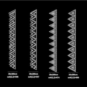 May include: Four vertical designs with white dot patterns on a black background. Two designs have a zig-zag pattern, and two have a triangle pattern. Measurements are provided in centimetres. The text includes dimensions and product codes.