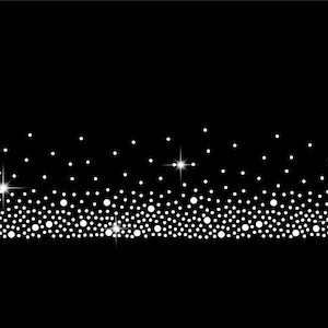 Könnte beinhalten: Ein schwarzer Hintergrund mit einem weißen Design aus einer Reihe kleiner Kreise und größerer Kreise in Wellenform. Das Design erinnert an einen Sternenhimmel.