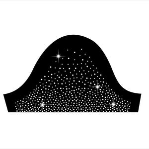 May include: A black, curved design with a scattering of white dots and three sparkling starbursts. The shape is reminiscent of a sleeve cuff or decorative element, set against a white background.