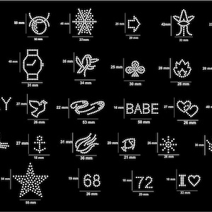 May include: A black background displays various rhinestone designs, including words like "SEXY" and "BABE", along with shapes such as stars, hearts, and lips. Measurements in millimeters are provided for each design.