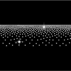 Puede incluir: Un diseño rectangular sobre un fondo negro, compuesto por numerosos puntos blancos pequeños. Los puntos están densamente empaquetados a lo largo del borde superior, disminuyendo gradualmente hacia abajo. Varios destellos brillantes en forma de estrella están intercalados.