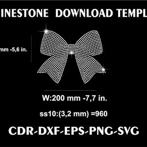 Op de afbeelding: Zwarte achtergrond met de tekst "RHINESTONE DOWNLOAD TEMPLATE". Een strikdesign gemaakt van kleine witte stippen staat in het midden. De strik is 150 mm hoog en 200 mm breed. De afbeelding bevat ook bestandsinfo.