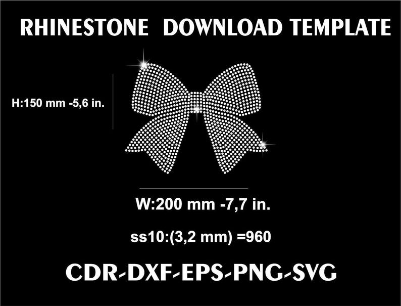 Op de afbeelding: Zwarte achtergrond met de tekst "RHINESTONE DOWNLOAD TEMPLATE". Een strikdesign gemaakt van kleine witte stippen staat in het midden. De strik is 150 mm hoog en 200 mm breed. De afbeelding bevat ook bestandsinfo.