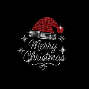 May include: A festive black graphic featuring a Santa hat and the words "Merry Christmas" in a sparkling, diamond-like font. The Santa hat is red and white, and the text is in a cursive style.