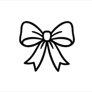 May include: A black and white line drawing of a bow. The bow has two loops on each side and two long, pointed tails. The bow is centered on a white background.