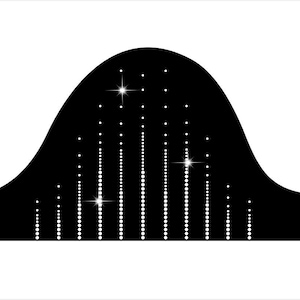 Puede incluir: Un diseño gráfico negro que presenta una forma curva con líneas verticales compuestas por pequeños puntos blancos. Tres brillantes destellos en forma de estrella se intercalan en el diseño, creando un contraste visual llamativo.