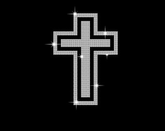 Puede incluir: Un diseño en forma de cruz compuesto por pequeños puntos circulares blancos reflectantes dispuestos en un patrón de cuadrícula sobre un fondo negro sólido. La cruz presenta un efecto de borde de doble línea con un centro hueco y brillante.