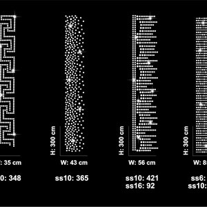 May include: Four different rhinestone designs for clothing or crafts. The designs are a geometric pattern, a dotted pattern, a vertical line pattern, and a diagonal line pattern. The designs are all approximately 30 cm tall and range in width from 35 cm to 85 cm. The number of rhinestones in each design is listed below each design.